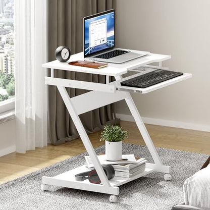 sogesfurniture Mobile Computer Desk Small Rolling Office Table Workstation with Printer Shelf and Keyboard Tray, Space-Saving Computer Desk with Storage Shelf for Home and Office (White) - color: White