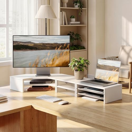 Fenge Dual Monitor Stand, Corner Monitor shelf with Drawer and Slide-Out Tray, 2 Tier Triangle Monitor Riser with Storage, Desk Shelf Organizer for Desk, Home Office, Computer, Laptop, Printer - color: White