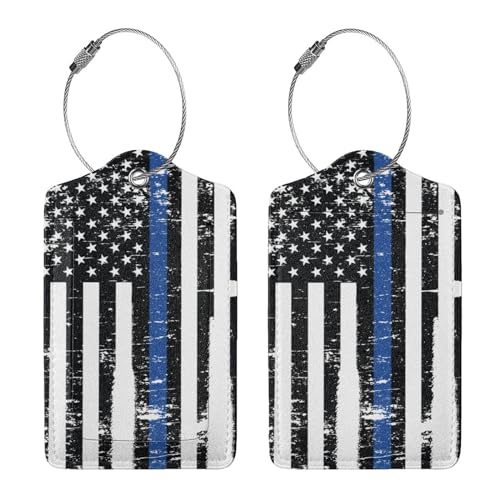 2 Pcs Thin Blue Line Flag Luggage Tags for Suitcase, American Police Support Stripes Gifts for Privacy Cover ID Label with Stainless Steel Loop - color: Thin Blue Line Flag