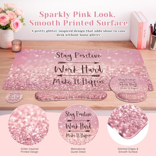 iCasso Mouse Pad,Large Pink Desk Mat Set, 4in1 XXL Mousepad + Keyboard Wrist Rest+Mouse Wrist Rest+Coaster with Ergonomic Desk Pad for Home Office Table Computer Cover -Pink Stay Positive - color: 1-Pink Stay Positive