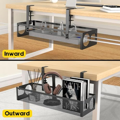 Under Desk Cable Management Tray No Drill 15.1’’, Metal Mesh Cable Management Box with Hybrid Side Slots Cable Raceway,Adjustable Cable Tray with Wire Management for Office Home,1 Pack (Black)