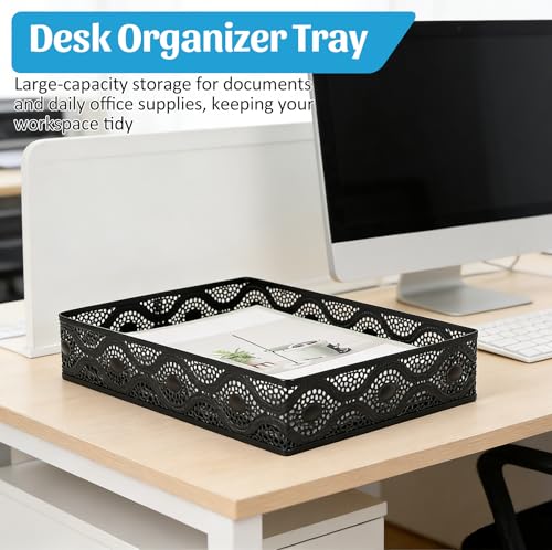 Desk Tray Organizer Mesh File Basket, Office Drawer Metal Trays Organizing Storage Box, Desktop Paper/Letter Tray for Office Home Makeup & Vanity, Black, Pattern 1# - style: Pattern 1#