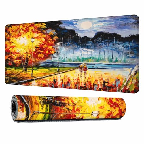 Autumn Lakeside Walk Gaming Mouse Pad Romantic Rain Scene Fall Foliage Large Mousepad Desk Keyboard Mat for PC,Home,Office 35.4"X15.7" - color: Autumn Lakeside walk