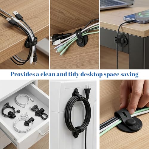 12 PCS Silicone Cable Straps, Self Adhesive Cable Holder Adjustable Silicone Cables Ties Cord Organizer Reusable Cables Management with Clear Case for Organizing Home Office School Supplies, Black