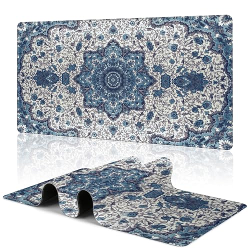 Blue Boho Texture Desk Mat Large Mouse Pad Gaming Mousepad 31.5 x 15.8 in | Desk Pad for Keyboard and Mouse, Large Non-Slip Rubber Base Mousepad Desk Mat with Stitched Edges for Gaming Office - color: Blue Boho Rug Texture