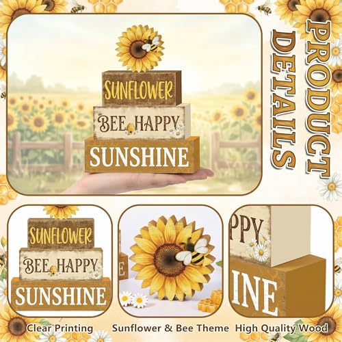 4 Pcs Summer Sunflower Kitchen Table Decor Bee Happy Summer Tiered Tray Decor Farmhouse Home Decorations Yellow Floral Wooden Signs Shelf Sitter Home Kitchen Office Decorations - style: Sunflower