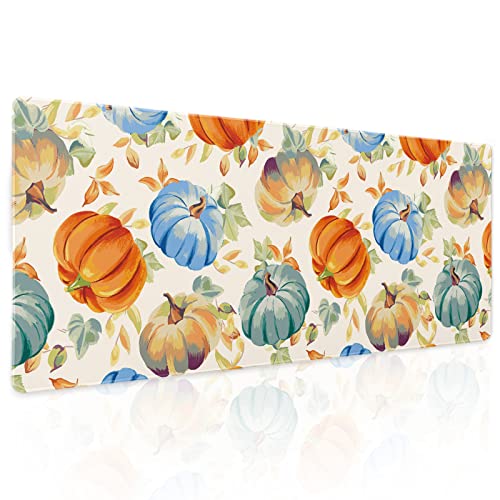 Watercolor Fall Pumpkins Gaming Mouse Pad XL Autumn Leaves Extended Big Large Desk Mat Non-Slip Rubber Base Stitched Edge Long Keyboard Mousepad for PC Computer Laptop,31.5×11.8 in - color: Pumpkin, size: X-Large
