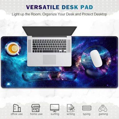 Gaming Mouse Pad, Large Desk Mat, Cute Desk Pad Protector, 4in1 XXL Mousepad + Keyboard Wrist Rest+Mouse Wrist Rest+Coaster Set with Ergonomic Desk Pad for Home Office Table Computer, Galaxy Space - color: Galaxy Space