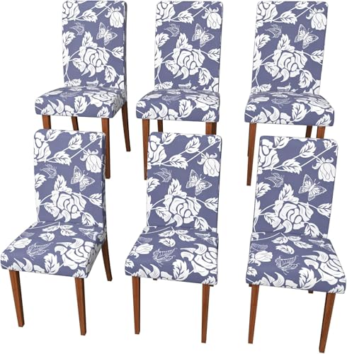 Dining Chair Covers Set of 6, Stretch Spandex Chair Slipcovers for Dining Room Chairs, Removable Washable Kitchen Chair Covers, Elastic Chair Protectors for Dining Room Kitchen - color: Light Purple Flowers + Butterflies, size: 6PCS