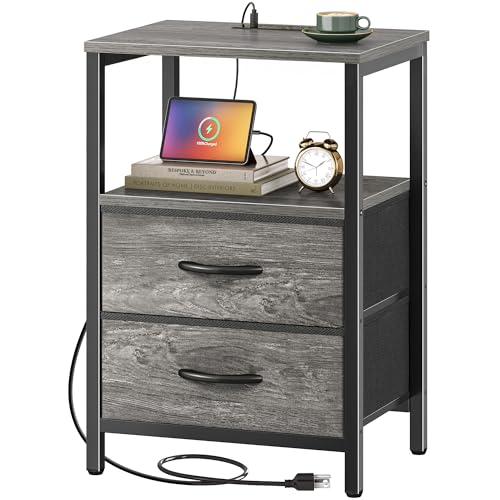Huuger Nightstand with Charging Station, Fabric Drawers, End Table with Open Shelf, Bedside Table with USB Ports and Outlets, Night Stand for Bedroom, Gray - color: Grey, size: 11.8"d X 15.7"w X 23.6"h (2 Drawers)