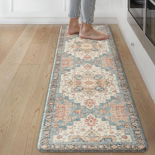 GENIMO Kitchen Mats for Floor, Washable Anti Fatigue Mat for Cushioned, 17.3"x59", Waterproof Kitchen Rugs, Non Slip Foam Comfort Standing Mat Rug for Home, Runner, Sink, Laundry, Blue&Salmon - color: Blue&salmon, size: 59"L x 17.3"W x 0.4"Th