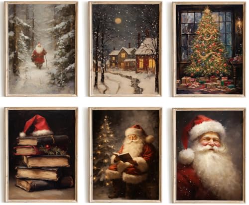 Kizbook Vintage Christmas Wall Art Prints, Santa Claus Christmas Holiday Art Prints Painting, Farmhouse Xmas Christmas Poster, Christmas Gallery Wall Art Winter Print, Vintage Christmas Decor for Holiday, Set of 6 (8"x10"-Unframed) - color: Christmas Prin