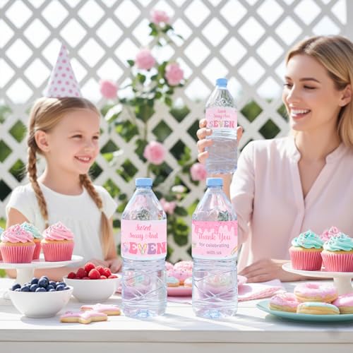 Donut 7th Birthday Decorations For Girls, 52Pcs Sweet Sassy And Seven Water Bottle Labels Donut And Ice Cream Party Wraps, Candy Theme Drink Stickers For Birthday Table Setup And Party Favors