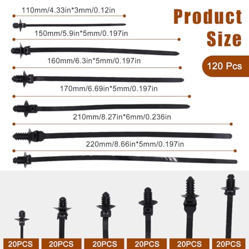 120PCS Nylon Push Mount Zip Ties, Heavy Duty Cable Tie Black Wire Tie with Push Pin Fir Tree Zipties Self Locking Design for Indoor and Outdoor (6 Types) - size: 6 Types (120Pcs)