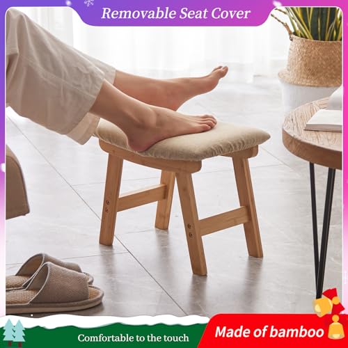 Kitsanery Foot Stool,Ottoman,Bamboo Small Sofa Foot Rest Under Desk,Extra Seating for Living Room, Bedroom and Kitchen (Natural Stool Legs - Beige Surface) - color: Natural Stool Legs - Beige Surface