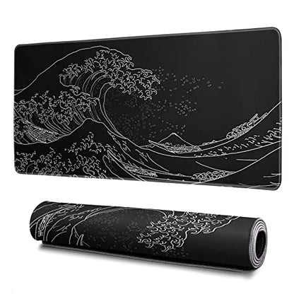 Japanese Gaming Mouse Pad Abstract Black Mouse Pad 31.5x11.8 Inch Black Sea Wave Texture Non-Slip Rubber Base Large Ocean Mousepad Stitched Edges Keyboard Mouse Mat Desk Pad for Office and Home - color: Japanese Sea Wave