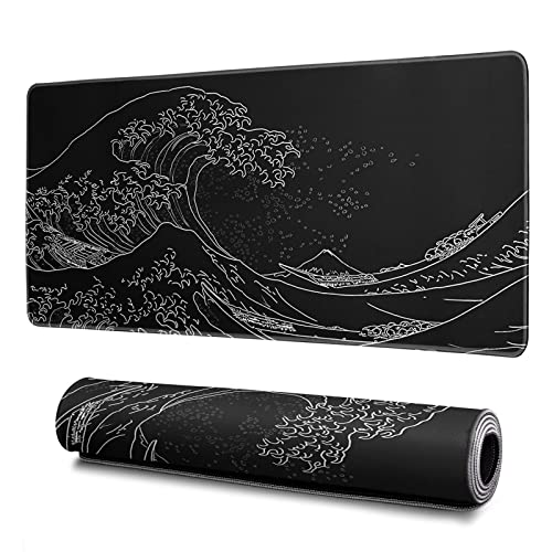 Japanese Gaming Mouse Pad Abstract Black Mouse Pad 31.5x11.8 Inch Black Sea Wave Texture Non-Slip Rubber Base Large Ocean Mousepad Stitched Edges Keyboard Mouse Mat Desk Pad for Office and Home - color: Japanese Sea Wave