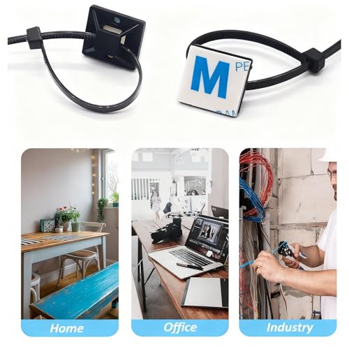 Strong Back-Glue Self Adhesive Cable Zip Tie Mounts Kit - 100 Set Cable Management Clips with 6" Zip Ties, Wire Holders - Outdoor Sticky Wire Organizer Clips-Black - color: Black, size: 100 Set