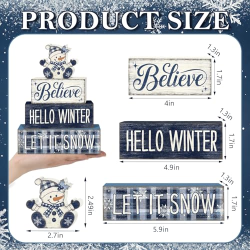 Britimes 4 Pcs Christmas Snowman Table Decor Winter Tiered Tray Decorations Set Believe Hello Winter Let It Snow Stack Block Signs Gift Rustic Farmhouse Tabletop Decor for Table & Home Office - style: Christmas Snowman