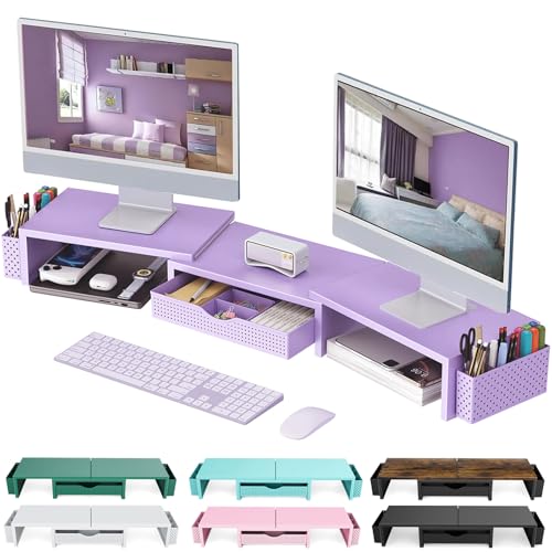 gianotter Dual Monitor Stand Riser, Desk Organizer With Drawer and 2 Pen Holders, Desk Organizers and Accessories, Purple Office Decor (Purple) - color: Purple