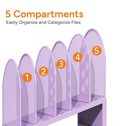 5-Section Desk File Organizer, Metal Mesh Folder Organizer for Documents, Mail & Office Papers (Purple) - color: Purple