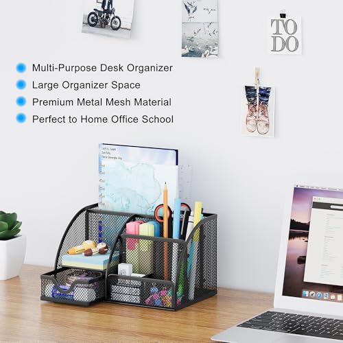 EasyPAG Mesh Desk Organizer with Drawer Multi-functional Pen Holder Stationery Organizer for Office School Supplies 6 Compartments Dorm Organizers and Storage for Desk, Black - color: Black