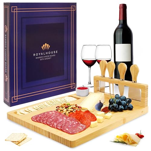 RoyalHouse Bamboo Cheese Board and Knife Set with Magnetic Holder - Serving Tray for Crackers, Meat, and Wine - Anniversary and Wedding Gift - style: Cheese Board Set with Magnet Holder