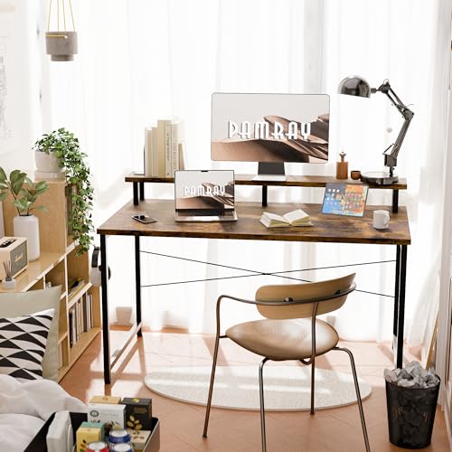 Pamray 47 Inch Small Computer Desk with Monitor Stand, Simple Office Desk with Headphone Hook for Small Spaces, Kids Study Writing Table for Bedroom, Vintage - color: Vintage, size: 47 Inch