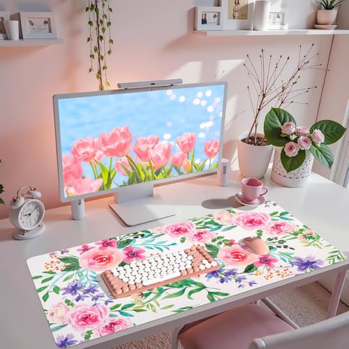 Leather Desk Pad, Pink Floral Desk Matt for Desktop, Women Girls Waterproof Large Keyboard Pad, Cute Computer Mat for Office Work/Home/Decor/Desktop Accessories (31.5"x15.7") - color: Pinkflower, size: 31.5" x 15.7"