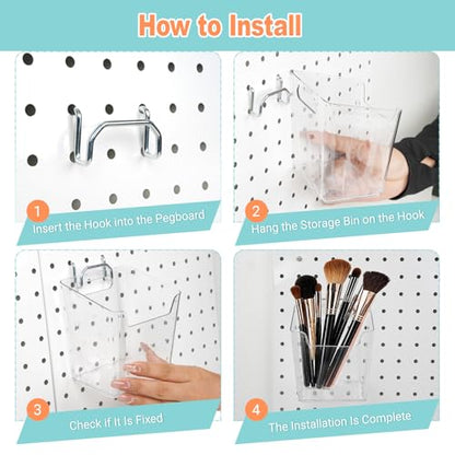8 Pack Large Pegboard Bins with Hooks, Square Box Shape Peg Board Cups and Peg Board Accessories for Craft Room, Playroom, Office, Garage, and Wall Mount Organization (Transparent) - color: Transparent