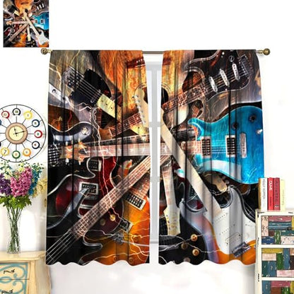 Colourful Guitar Theme Window Curtain, Electronic Musical Instruments Rock Music Art Window Curtain for Bedroom Living Room 42" W X 45" L(No Blackout) - color: Music-1, size: 20.5"W x 45"L (Pack of 2)