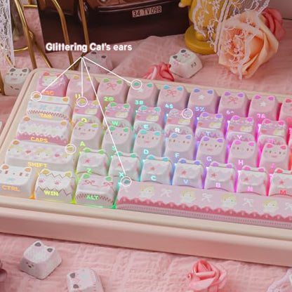 PBT Keycaps - Pink Meow Meow Keycap, 113 Keys Side Print Shine Through Cute Keycap, Mao Profile Custom Cat Keycaps for 60 65 75 100 Percent Cherry MX Mechanical Keyboard - color: Pink Meow
