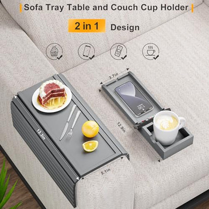 Bestjing Bamboo Couch Armrest Table, Sofa Arm Tray with Detachable Couch Cup Holder- 2 in 1 Anti-Slip Foldable Sofa Armchair Caddy Table for Drinks Cellphone TV Remote Snacks (Gray) - color: Gray, size: 16.3" x 13.3" x 2"