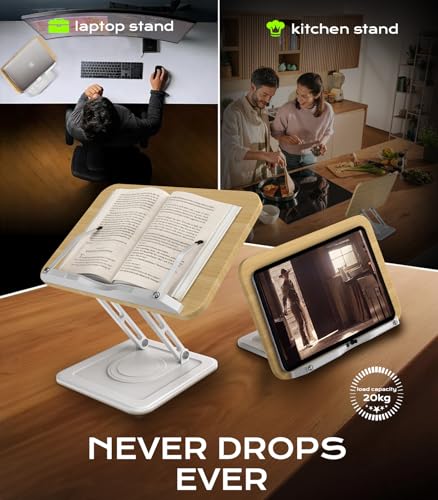 Book Stand for Reading, Adjustable Book Holder with 360°Rotating Bases, Ergonomic Cookbook Stand Recipe Book Holder with Elastic Page Clips for Magazines, Tablets, Laptops,White - color: White