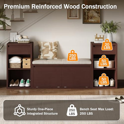 JIJIWANG 77.48" W Entryway Storage Bench with Cushion, 4-in-1 Hallway Bench with Drawers, Compartments and Open Shelves, Mudroom Bench for Shoes and Storage, Espresso - color: Espresso
