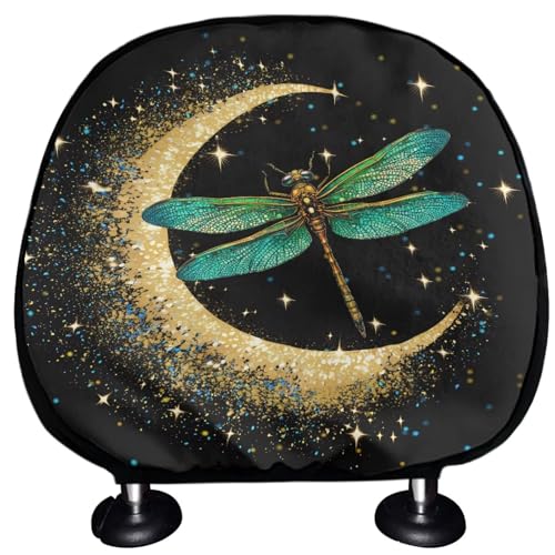 Moon Dragonfly Car Seat Headrest Covers Set 2 Pieces Cars Headrest Cover for Women Universal Head Rest Protector Covering for SUV Truck Vehicles,Easy to Install - color: Moon Dragonfly