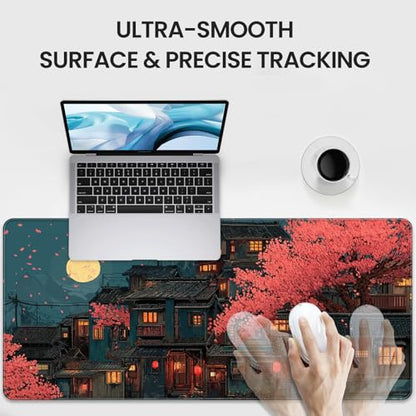 Japanese Anime Cherry Blossom Night Scene Mouse Pad, XXL Extended 35.4 x 15.7 Inch Desk Mat, Non-Slip Rubber Base, Microfiber Cloth Surface, Game Table mat - color: Japanese-style Night Scene Design