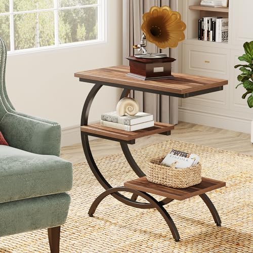 Tribesigns C-Shaped End Table, 3-Tier Industrial Sofa Side Table with Curved Metal Frame for Living Room, Bedroom, Couch, Small Space, Rustic Brown - color: Rustic Brown