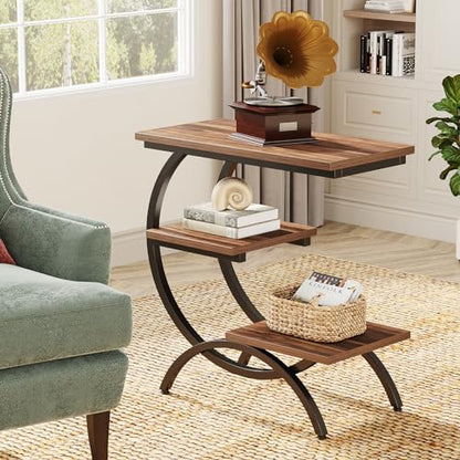 Tribesigns C-Shaped End Table, 3-Tier Industrial Sofa Side Table with Curved Metal Frame for Living Room, Bedroom, Couch, Small Space, Rustic Brown - color: Rustic Brown