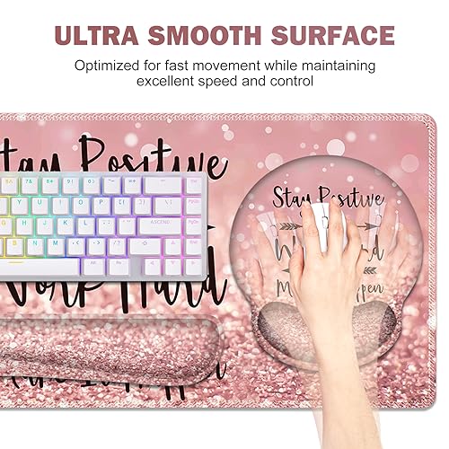 ToLuLu Desk Mat, XXL Large Mouse Pad Wrist Support Set，4 in1 Gaming Mousepad Desk Pad+ Ergonomic Mouse Pad with Wrist Rest + Keyboard Wrist Rest+Coaster for Women Home Office Table, Pink Stay Positive - color: Pink Stay Positive