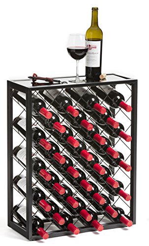 Mango Steam 32 Bottle Wine Rack with Black Glass Top Shelf, Free Standing for Home, Kitchen and Bar - color: Black, size: 32 Bottle