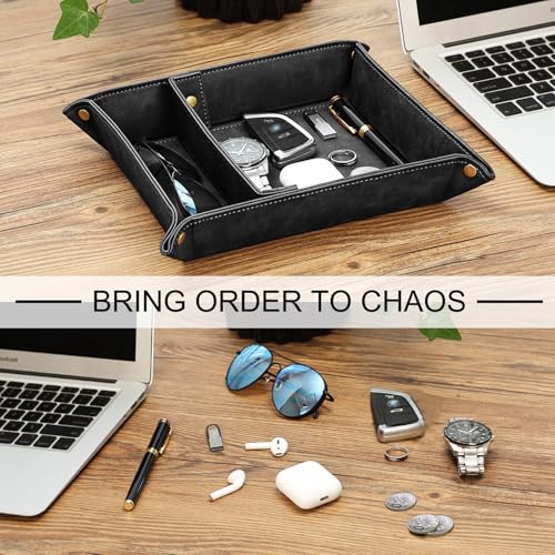 SITHON Valet Tray Desktop Storage Organizer, Removable 2 Compartments Catchall Tray Bedside Vanity Nightstand Caddy Holder Desk Storage Plate, Graduation, Black - color: Black
