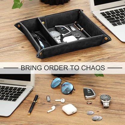 SITHON Valet Tray Desktop Storage Organizer, Removable 2 Compartments Catchall Tray Bedside Vanity Nightstand Caddy Holder Desk Storage Plate, Graduation, Black - color: Black
