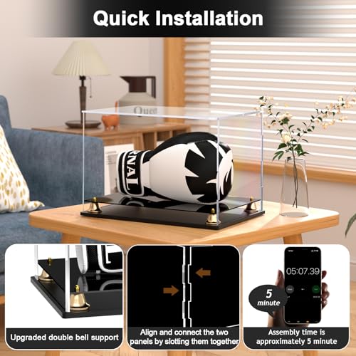 Boxing Glove Display Case, Clear Acrylic Display Box, Self-Assembly Full Size Baseball Glove Holder Showcase, Football Mitt Ball Display Case with Metal Bell Base (14.4x9.3x9.4 inch) - size: 14.4 x 9.3 x 9.4 inch