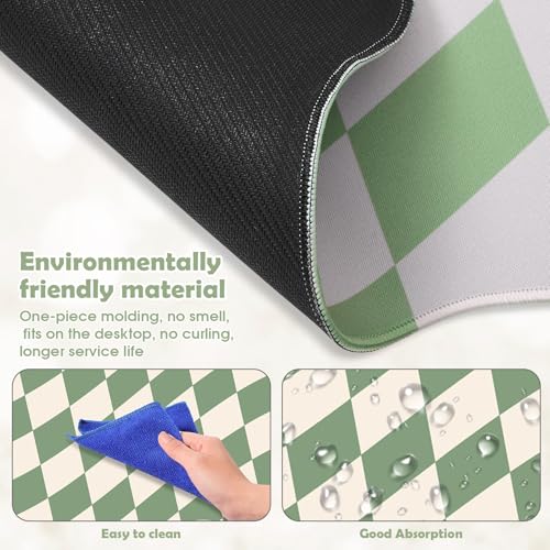 Copkim 1 Pcs Scalloped Green Checkered Desk Mat 31.5 x 11.8 Inch Large Cute Mouse Pad Computer Mat Non Slip Waterproof Rubber Base with Border Stitching Soft Keyboard Pad for Home Office Gaming Makeup - color: Green, style: Checkered