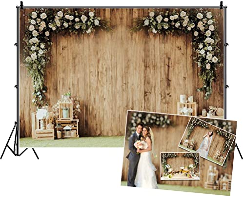 10x6ft Polyester Wedding Backdrop Rustic Floral Flower Wood Wall Backdrop Bridal Shower Reception Ceremony Photography Background Wedding Proposal Party Birthday Party YouTube Photo Prop - size: 10x6ft-Polyester