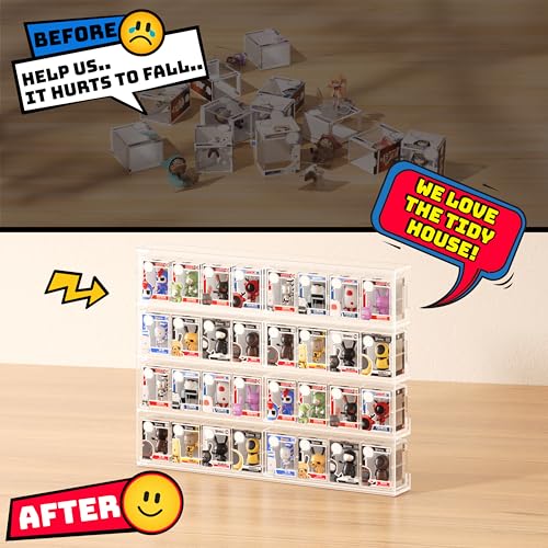 WINKINE Acrylic Display Bitty Protector Case Compatible with Funko Bitty Pop, Clear 32 Slots Figure Display Shelf for Countertop & Wall-mount, Mini Collection Case, Figure Holder Stand, 2 Pack(Clear)