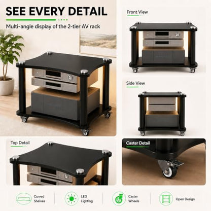 2-Tier AV Media Stand with LED Lights, Heavy Duty Mobile Stereo Cabinet Stand with Wheels, Wooden Stereo Rack, Audio Rack Furniture Perfect for DVD Player/Game Console (with Lights, 2 Tier) - color: With Lights, size: 2 Tier