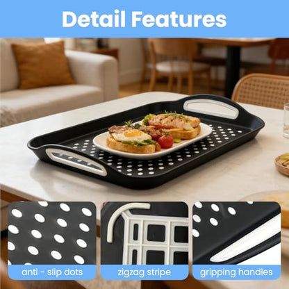2 Pack Large Nonslip Serving Tray with Handles Lap Food Trays for Eating on Couch Tray for Breakfast Dinner Snack Fruit Beverage(Black & White)