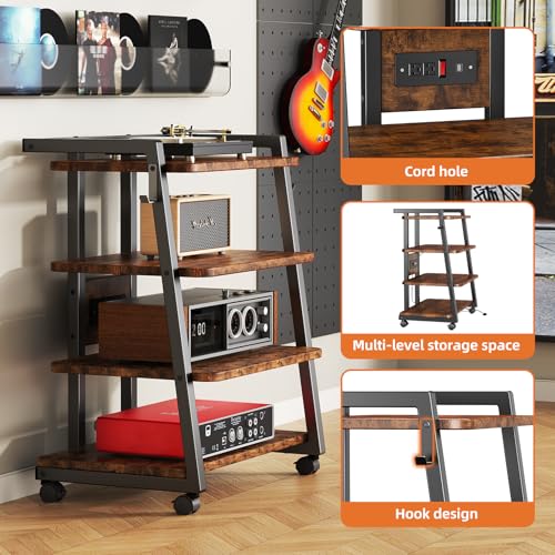 CABTE Mobile AV Media Stand with Outlets and 4 Rolling Caster Wheels, 4-Tier Rolling TV Stand for Gaming Console, Stereo, DVD Player, Sturdy Metal Frame, Versatile Living Room,Bedroom (Retro Brown) - color: Retro Brown